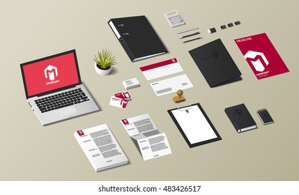 Isometric branding office mock up. Vector Illustration for different  projects. 