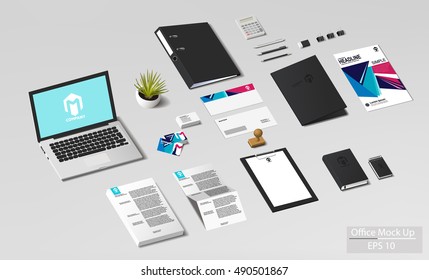 Isometric branding office mock up. Vector Illustration for different  projects. 