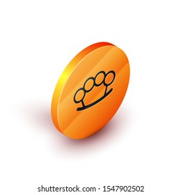 Isometric Brass knuckles icon isolated on white background. Orange circle button. Vector Illustration