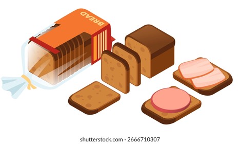 Coleção de pão isométrico. Produtos de padaria frescos com pães fatiados, pão embalado e fatias de carne. Castanho e variedades de grãos inteiros. Elementos de design de alimentos. Ilustração vetorial isolada em branco.