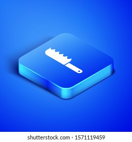 Isometric Bread knife icon isolated on blue background. Cutlery symbol. Blue square button. Vector Illustration