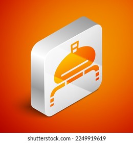 Isometric Bread and salt on towel icon isolated on orange background. National food loaf. Traditional ukrainian wedding bread. Silver square button. Vector
