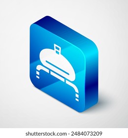 Isometric Bread and salt on towel icon isolated on grey background. National food loaf. Traditional ukrainian wedding bread. Blue square button. Vector