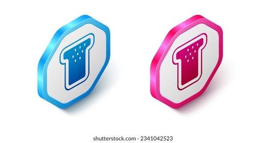 Isometric Bread toast for sandwich piece of roasted crouton icon isolated on white background. Lunch, dinner, breakfast snack. Hexagon button. Vector
