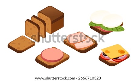 Isometric bread and toppings collection. Whole grain loaves, sliced bread, open sandwiches with ham, cheese, vegetables. Bakery and deli products set. Vector illustration isolated on white.