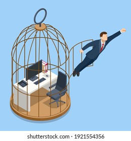 Isometric break free, and life change concept. Businessman in birdcage kicking his way to freedom.