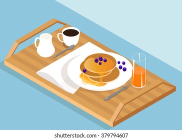 Isometric breakfast. Breakfast in the bed. Drink and food Tasty food honey