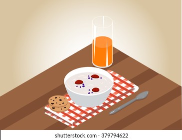 Isometric breakfast. Breakfast in the bed. Drink and food Tasty food