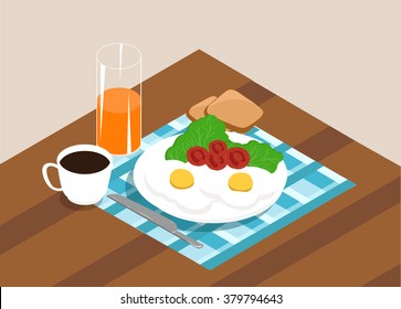 Isometric breakfast. Breakfast in the bed. Drink and food Tasty food