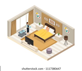 Isometric breakfast hotel service concept with waitress brought dishes to client in room isolated vector illustration