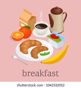 Isometric Breakfast and kitchen equipment concept. Breakfast served with coffee, orange juice, croissants, cereals and fruits. Balanced diet. Vector illustration