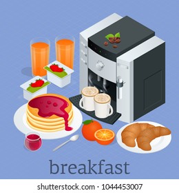 Isometric Breakfast and kitchen equipment concept. Breakfast served with coffee, orange juice, croissants, cereals and fruits. Balanced diet