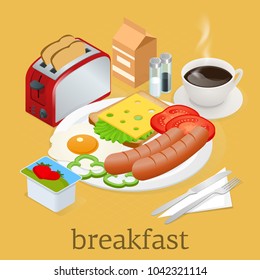 Isometric Breakfast and kitchen equipment icons set. English breakfast with fried eggs, bacon, sausages, beans, toasts, coffee and fresh salad. Vector illustration
