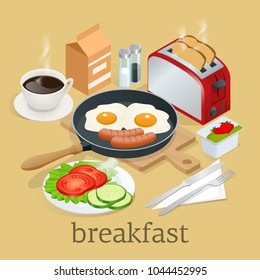 Isometric Breakfast and kitchen equipment icons set. English breakfast with fried eggs, bacon, sausages, beans, toasts, coffee and fresh salad.