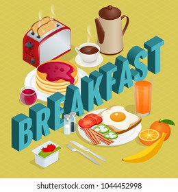 Isometric Breakfast and kitchen equipment icons set. English breakfast with fried eggs, bacon, sausages, beans, toasts, coffee and fresh salad.