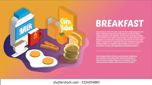 isometric breakfast. Vector breakfast concept with food and drinks with flat icons in circle composition. Breakfast composition sandwich and omelette, breakfast food bakery illustration - Vector