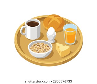 Isometric breakfast vector illustration featuring delicious coffee bread egg orange juice cereal and cheese on a wooden tray isolated on transparent background