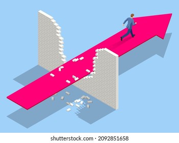 Isometric Breaking the Wall. An alternative Solution to the Problem. Businessman Solved Problem, New Solution, Success and Leadership. Breakthrough. Business concept