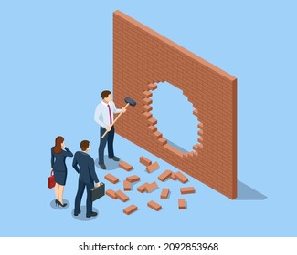 Isometric Breaking the Wall. An alternative Solution to the Problem. Businessman Solved Problem, New Solution, Success and Leadership. Breakthrough. Business concept