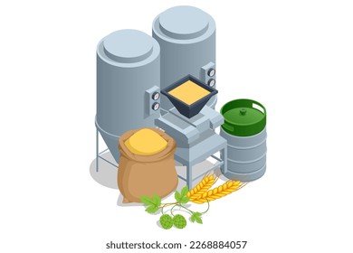 Isometric Brewery beer production, process of beer production in brewery.