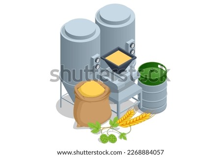 Isometric Brewery beer production, process of beer production in brewery.