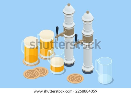 Isometric Brewery beer production, process of beer production in brewery.