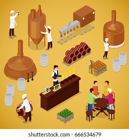 Isometric Brewery Beer Production with Workers, Drinking Elements and Pub. Vector flat 3d illustration