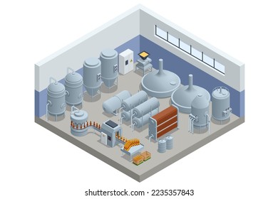 Isometric Brewing, Craft beer brewing equipment in privat brewery. Modern Beer Factory. Steel tanks for beer fermentation and maturation.