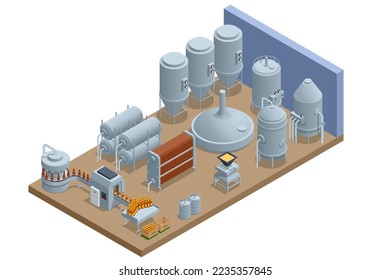 Isometric Brewing, Craft beer brewing equipment in privat brewery. Modern Beer Factory. Steel tanks for beer fermentation and maturation.