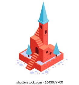 Isometric brick castle with pine trees and stones. Cartoon ancient architecture. Security concept.