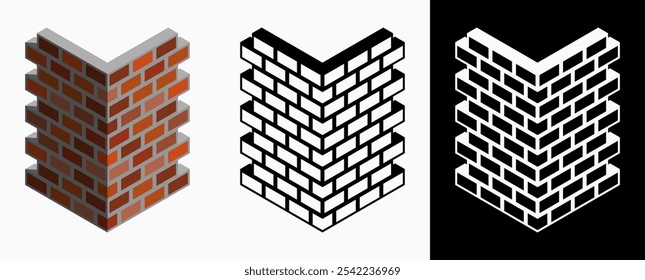 Iconos isométricos de la pared del ladrillo: Ilustración vectorial de los iconos de la pared del ladrillo en perspectiva isométrica con el fondo blanco y negro