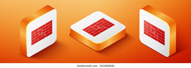Isometric Brick wall with trowel icon isolated on orange background. Orange square button. Vector.