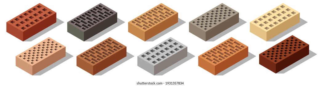 Isometric bricks isolated. Set of colorful 3d bricks for construction and building. Objects with shadows on white background