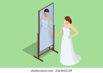 Isometric Bride está parada frente al espejo y vestido apropiado. Mujer en el día de su boda y escogiendo un vestido de novia en la tienda