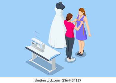 Isometric bride wearing her wedding gown with female dress designer. Tailor helps the bride with her wedding dress