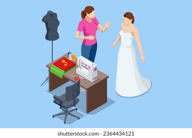 Isometrische Braut mit ihrem Brautkleid und weiblicher Kleiderdesignerin. Schneider hilft der Braut mit ihrem Hochzeitskleid