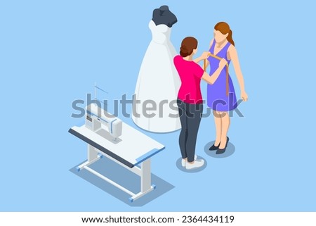 Isometric bride wearing her wedding gown with female dress designer. Tailor helps the bride with her wedding dress