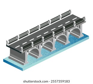 Isometric bridge with arches and water. Vector illustration. Road icon. Urban infrastructure. Highway bridge. Single object.