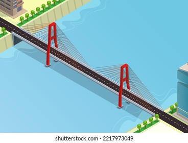 isometric of bridge cross the big river in the city
