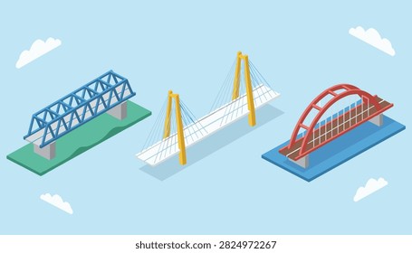 Isometric bridge designs featuring a blue steel truss bridge, a white cable-stayed bridge, and a red arch bridge.