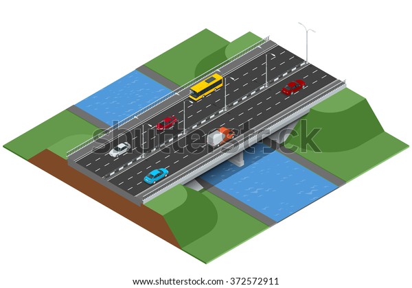 Isometric bridge over the river. Commercial\
transport. Various types of load and cargo. Logistics. Flat 3d\
Vector isometric\
illustration.