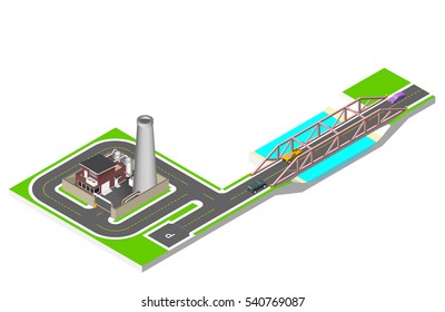 Isometric bridge with a road, cars and factory building with a pipe, cisternae, fence with a barrier. Vector illustration isolated on white background.