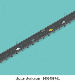 Isometric bridge road. Low traffic. Long elevated highway. Bridge over the river. Vector illustration.