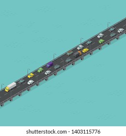 Isometric bridge road. Medium traffic. Long elevated highway. Bridge over the river. Vector illustration.