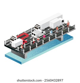 Isometric bridge with trucks, van and pedestrians. Vector illustration. Road icon. Urban infrastructure. Highway bridge. Cars driving on a bridge.