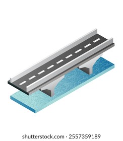 Isometric bridge with water. Vector illustration. Road icon. Urban infrastructure. Highway bridge.
