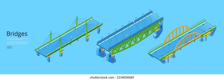 Isometric bridges poster with architecture construction with car road over river, bay or canal. Vector horizontal banner with viaduct, highway overpass and suspension bridge
