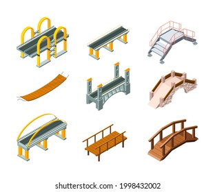 Isometric bridges. Urban architectural objects highway for automobiles and railway across water park bridges garish vector illustrations set