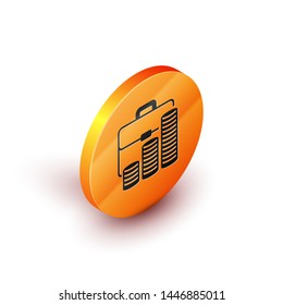 Isometric Briefcase and coin icon isolated on white background. Business case sign. Business portfolio. Orange circle button. Vector Illustration Isometric Briefcase and coin icon isolated on white background. Business case sign. Business portfolio. Orange circle button. Vector Illustration