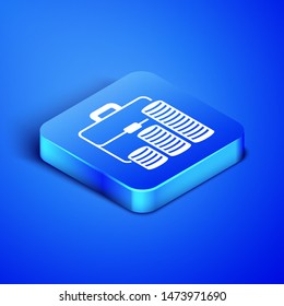 Isometric Briefcase and coin icon isolated on blue background. Business case sign. Business portfolio.  Blue square button. Vector Illustration